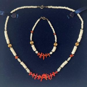 Necklace and Bracelet Set in White/Red/Gold